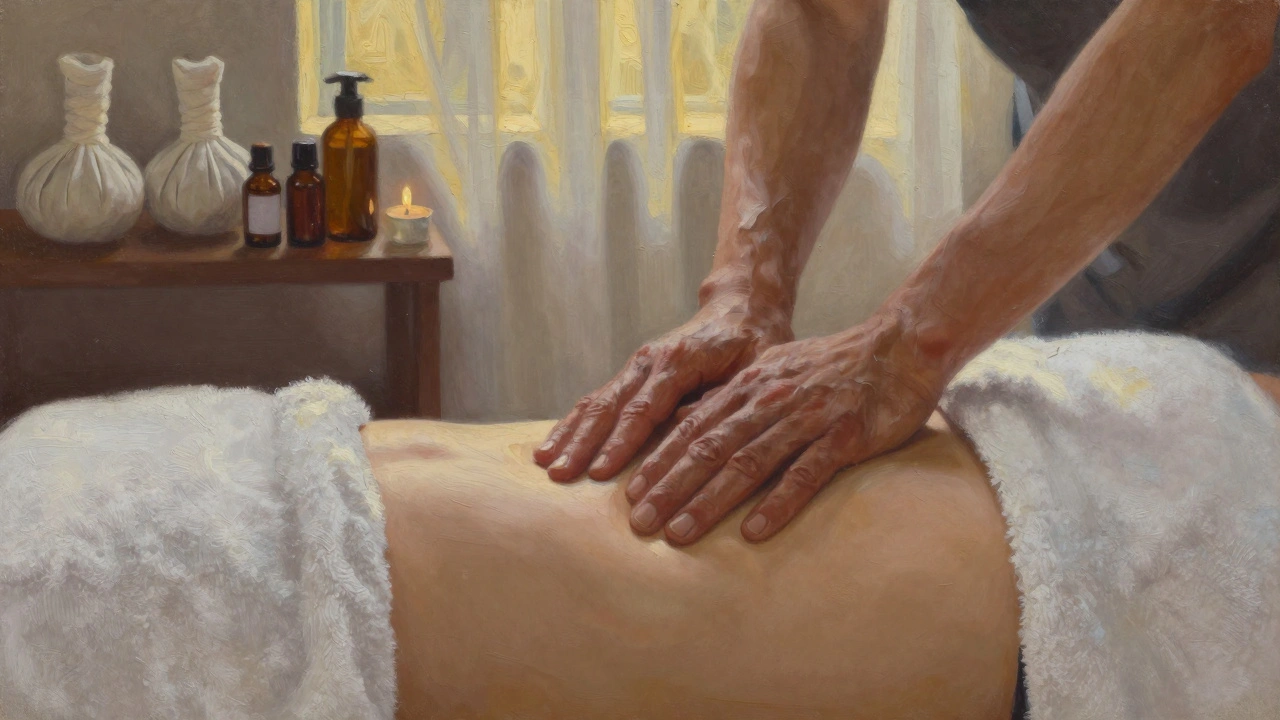 Therapist&#039;s hands gently resting on a client&#039;s abdomen under a white towel, bathed in soft golden light, conveying safety and care.