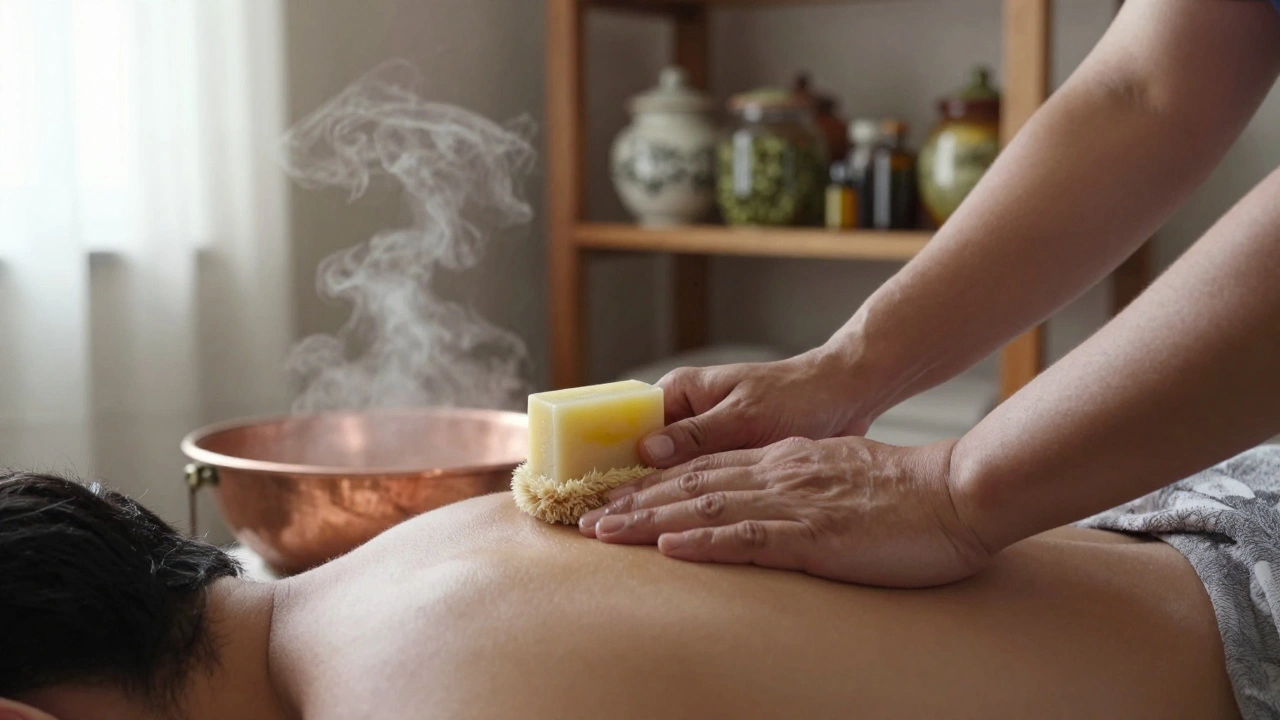 Therapist's hands using a kese mitt and olive oil to massage a client's shoulder in a steamy, tranquil setting.