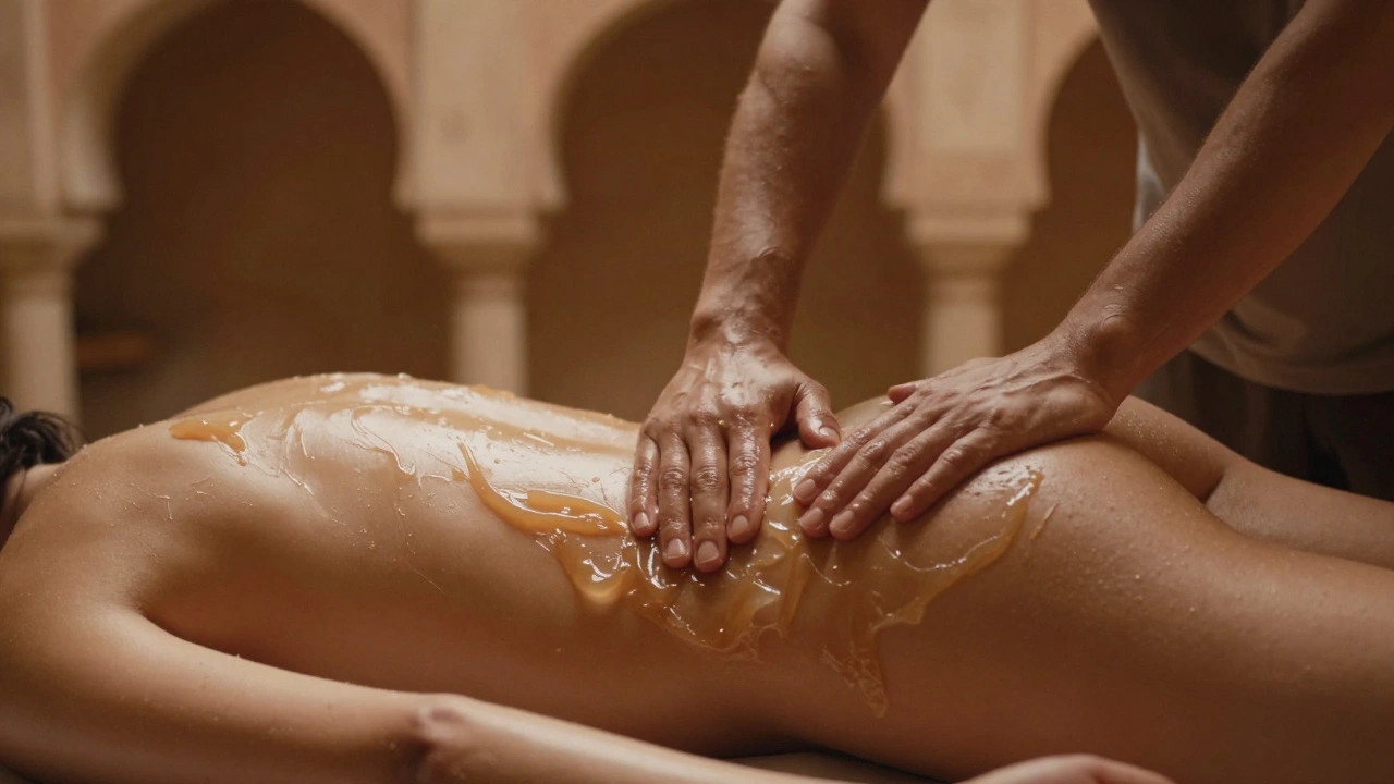 Therapist and client in fluid motion during a Nuru massage, with slippery gel catching light, surrounded by warm shadows and traditional architecture.
