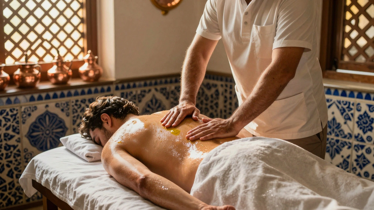 Therapist performing traditional Turkish massage on a clothed traveler in a cozy Çemberlitaş studio with olive oil and copper pots.