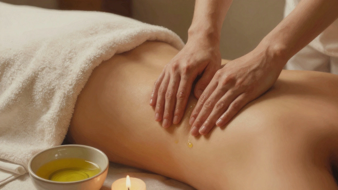 Two hands applying warm oil in slow, gentle strokes to the outer pelvic region, surrounded by towels and oil, in a quiet, candlelit space.