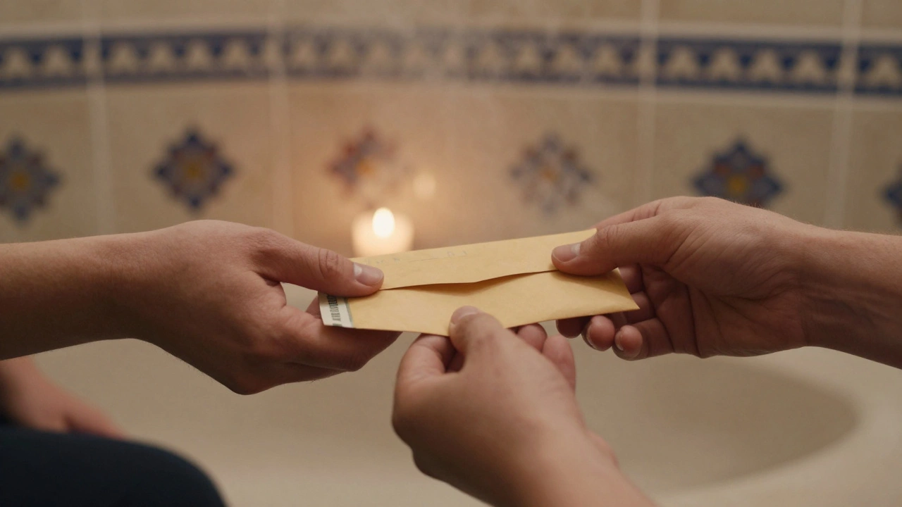 Two hands exchanging cash in a warm, steamy setting, symbolizing quiet trust after a private session.