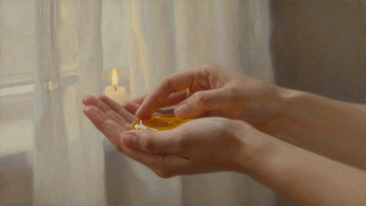 Two hands in tender contact with warm oil, soft light filtering through curtains, no faces visible.