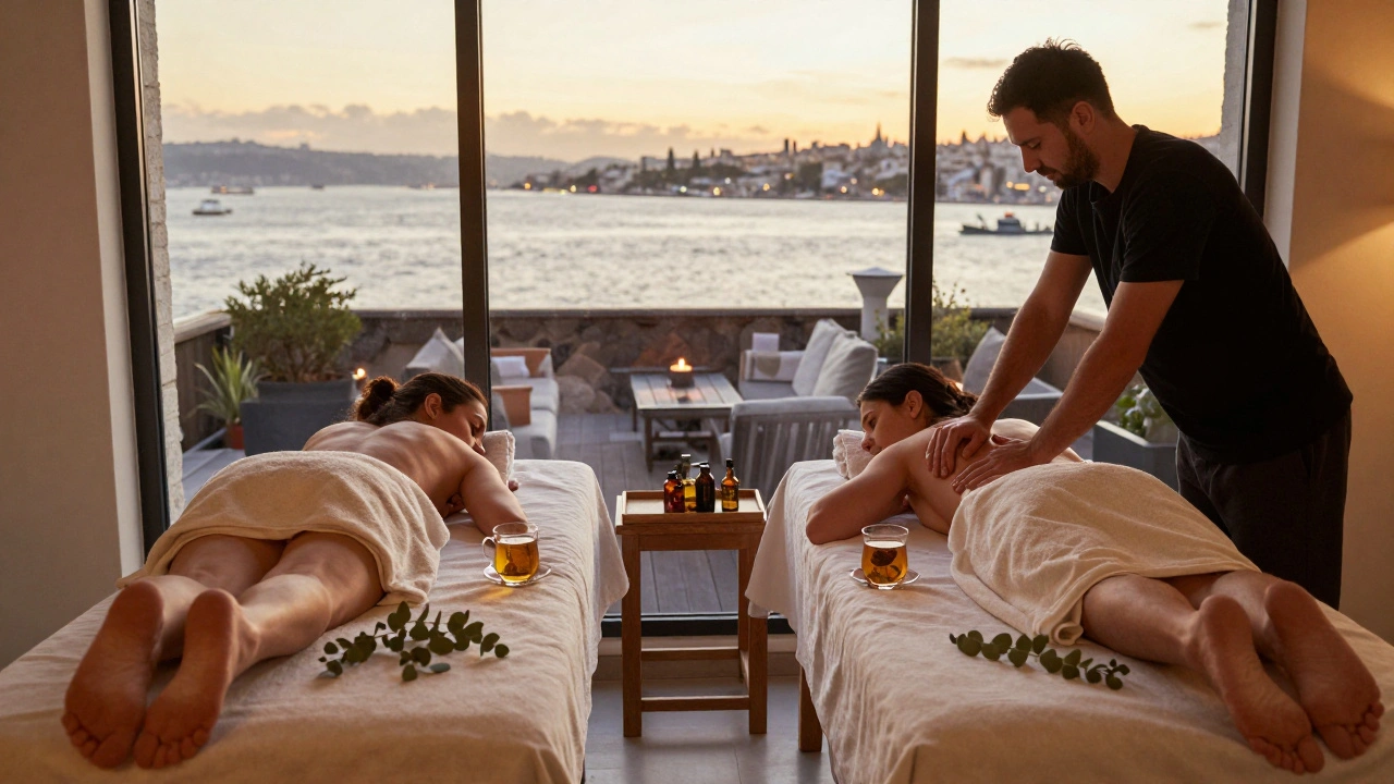 Two people relaxing side by side on massage tables with a view of the Bosphorus at sunset, herbal tea nearby.