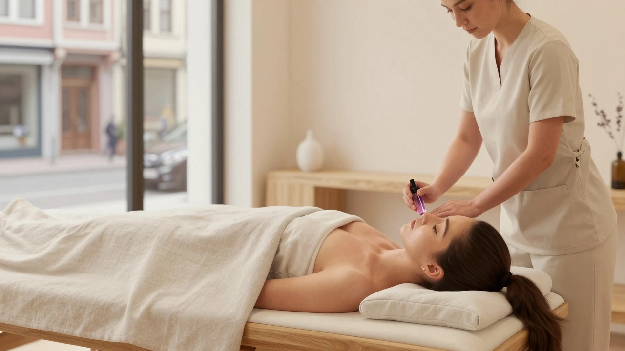 A calm massage session in a modern Istanbul studio with soft lighting and minimalist decor.