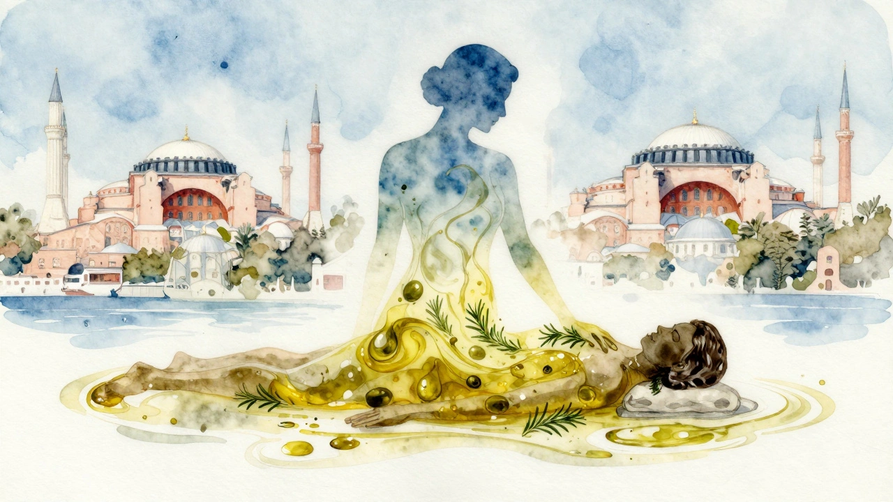 A calming watercolor illustration of a person dissolving into oil, steam, and herbs, symbolizing relaxation.