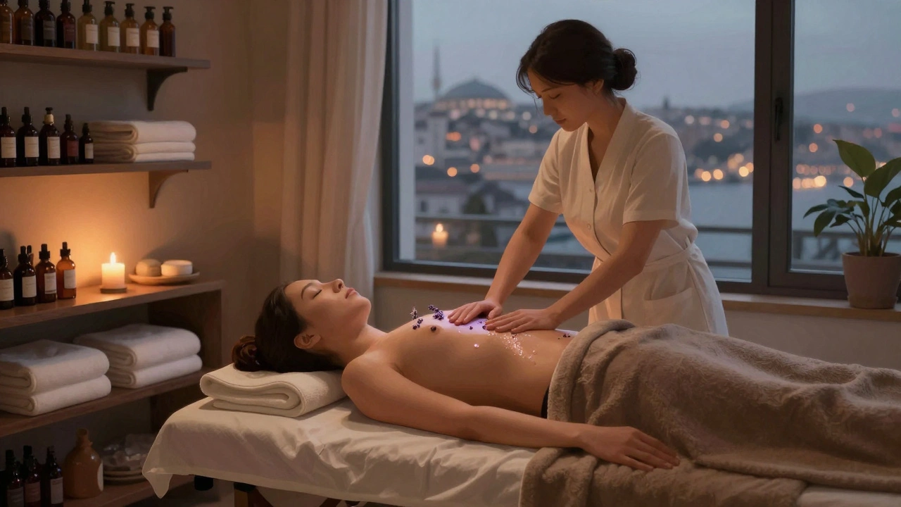 A client relaxes during a Swedish massage in a quiet Istanbul spa with lavender oil and candlelight.