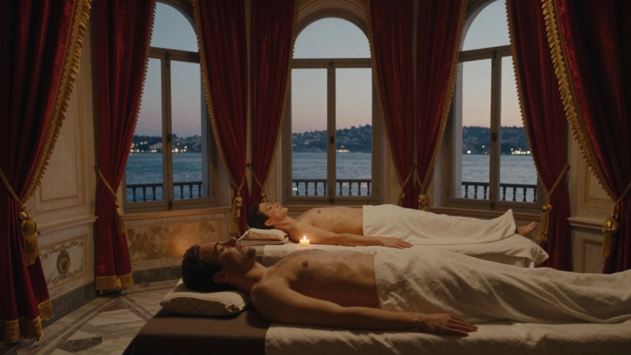 A couple in an opulent Ottoman-style spa room, peacefully relaxed by candlelight.