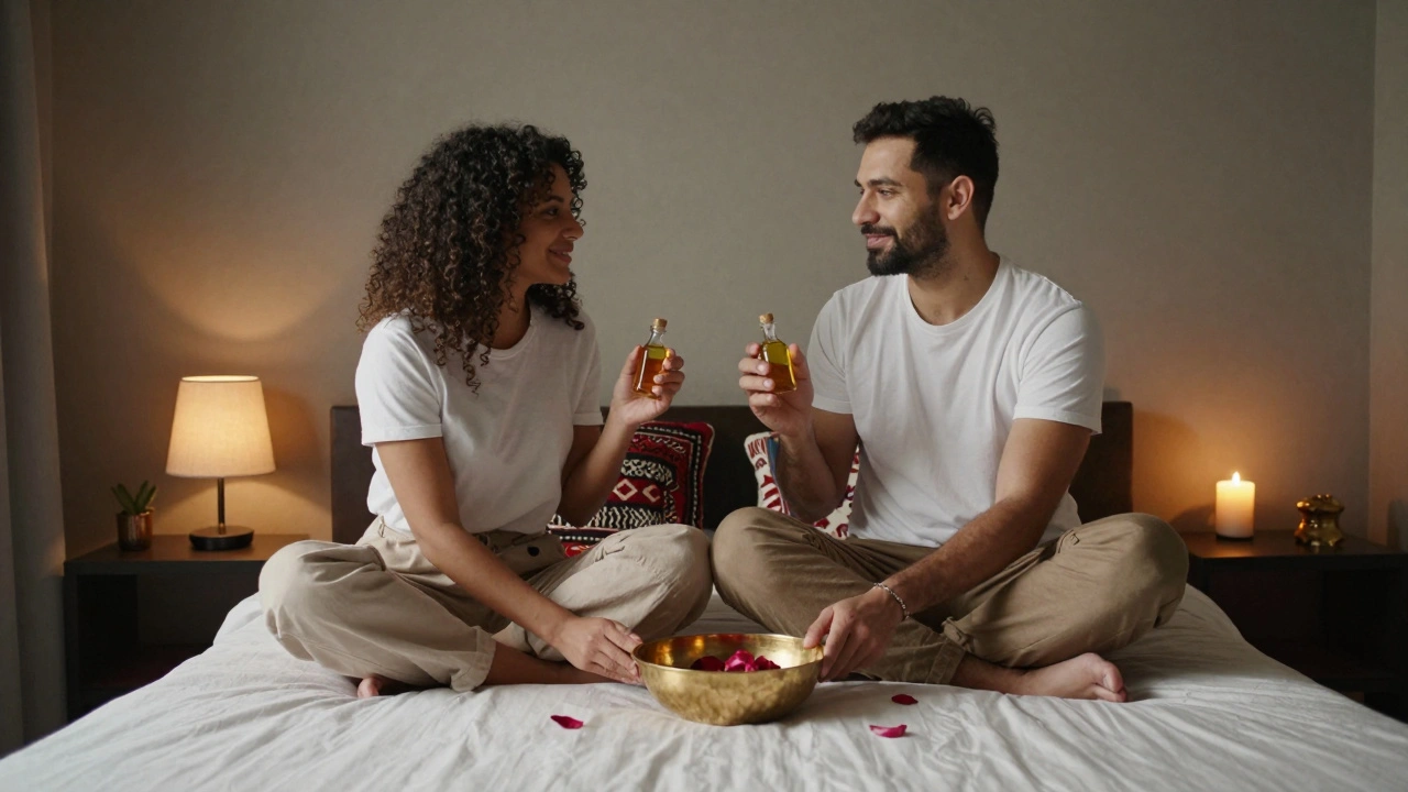 A couple preparing to give each other sensual massage, holding warm oil bottles, surrounded by soft lighting and Turkish decor.