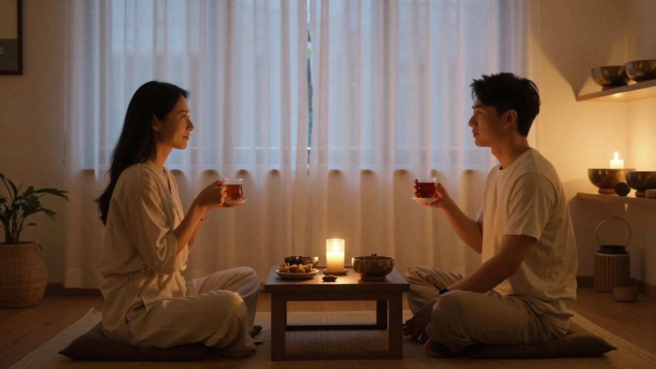 A couple sitting quietly after a tantric session, holding tea and sharing a tender, wordless moment of reconnection.