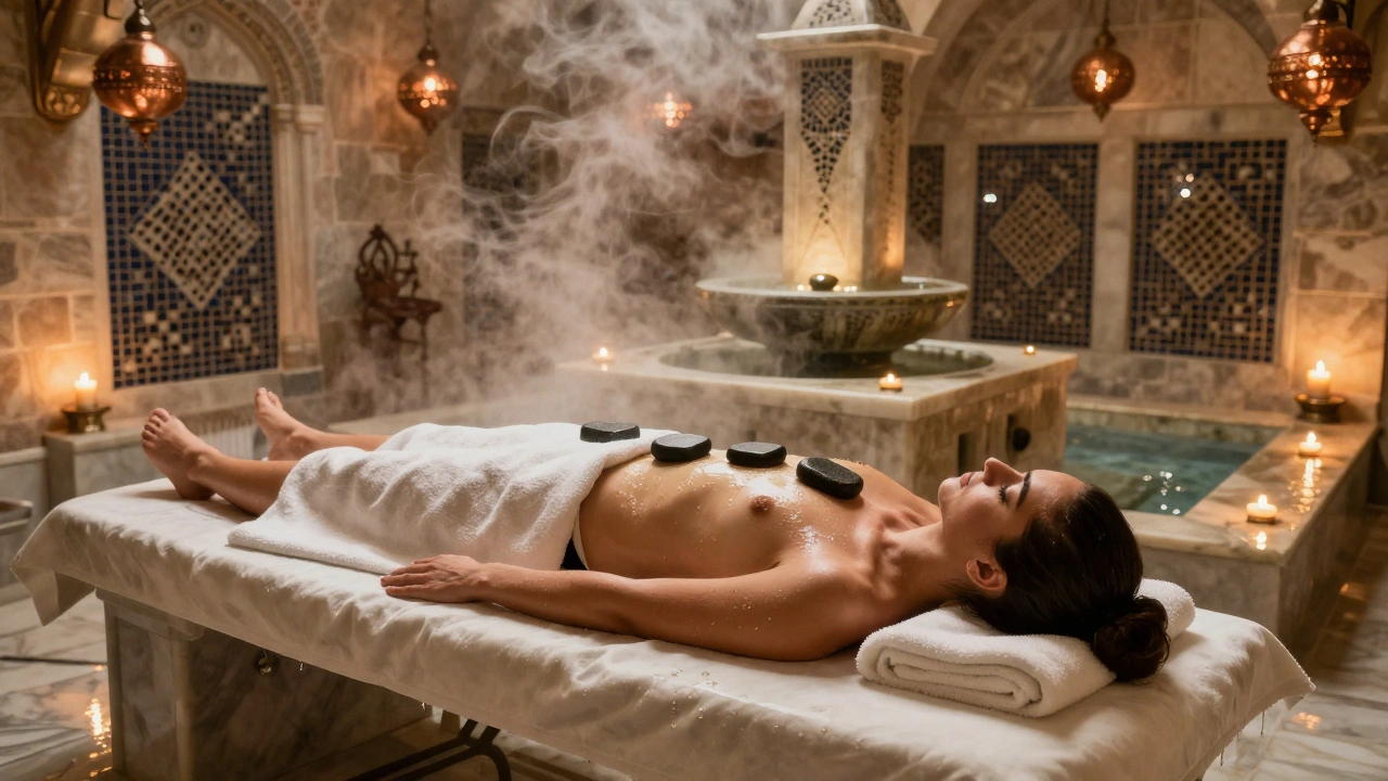 A guest lying on a warm marble slab during a private hammam ritual, with heated stones and steam rising around them.