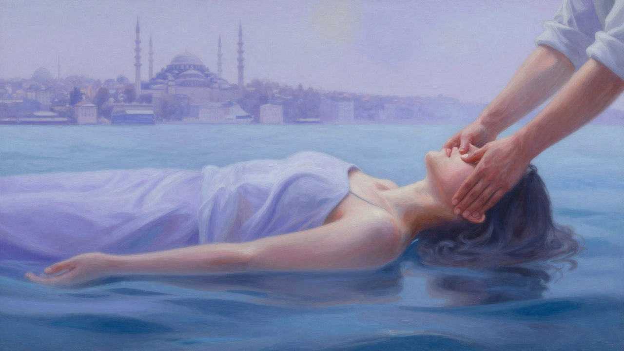 A person dissolving into calming mist, symbolizing deep relaxation from massage, with Istanbul's skyline fading in the background.