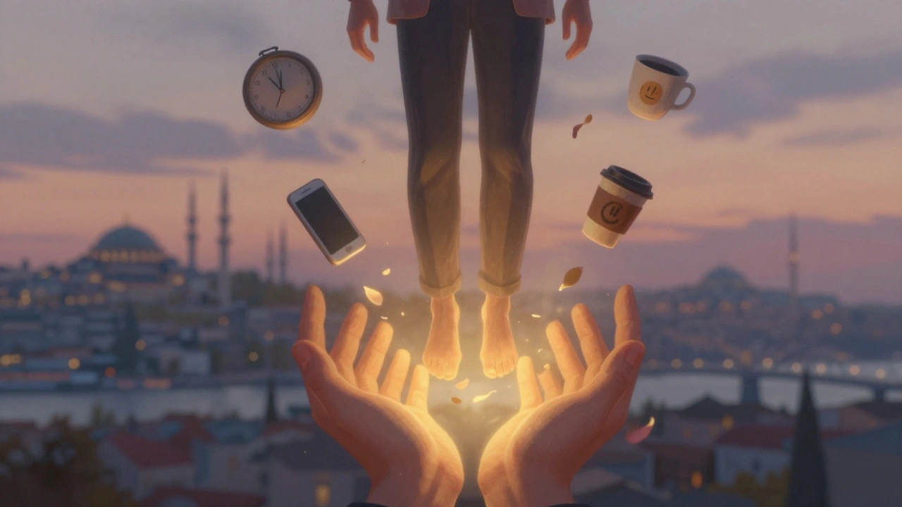 A person is gently grounded by warm hands as stress symbols dissolve into petals around them.