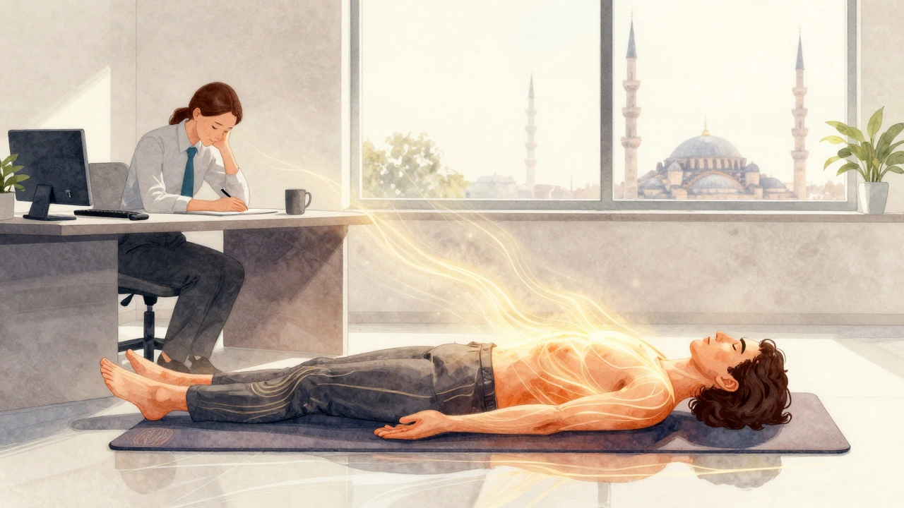 A person transformed from office slouch to peaceful stretch, with golden energy lines flowing through their body during Thai massage.