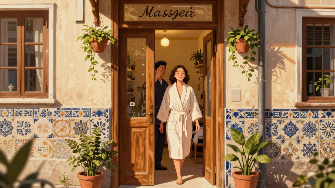 A quiet family-run massage studio in Istanbul's Beyoğlu neighborhood at golden hour, with a client leaving peacefully.