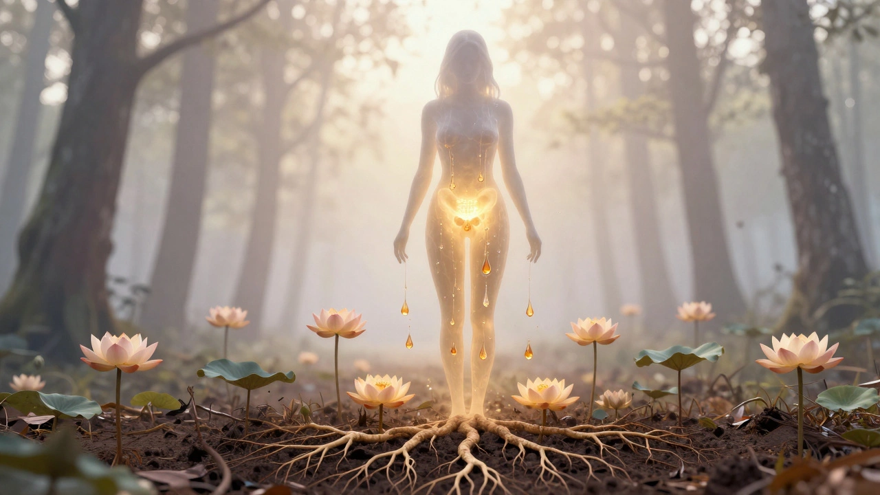 A symbolic figure in a forest releasing golden tears that bloom into lotus flowers, representing emotional healing and reconnection.