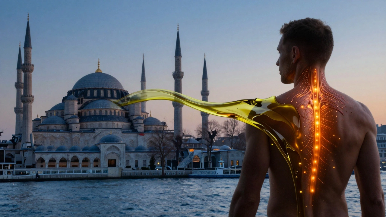 A symbolic representation of stress relief flowing like oil through the body, blending Istanbul's architecture with healing energy.