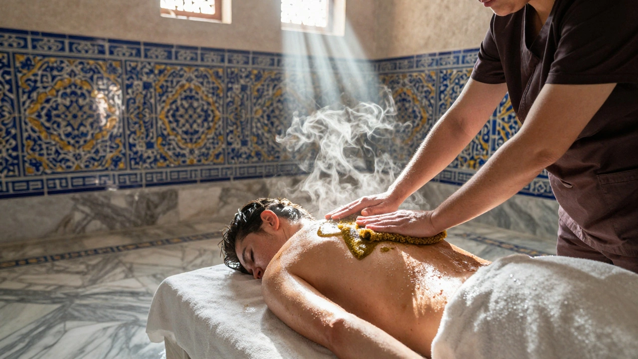 A therapist exfoliates a client in a steamy Turkish hammam with intricate tile walls and marble floors.