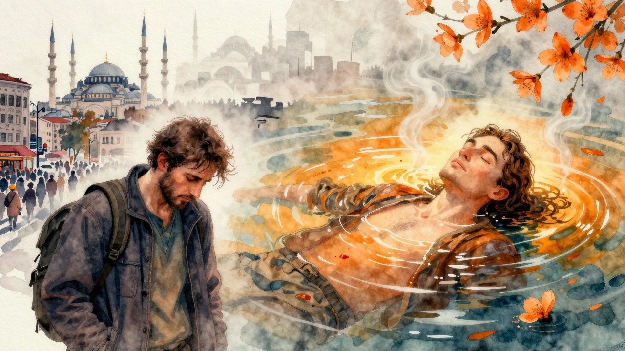 A traveler transforming from stress to peace, surrounded by steam and orange blossoms.