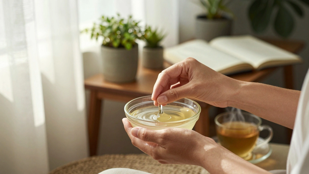 A woman's hands gently hold warm coconut oil, preparing for a healing ritual in a serene, sunlit space.