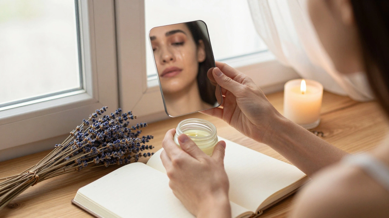 A woman's hands holding a mirror and oil, preparing for self-massage in a quiet, sunlit room with natural elements around her.