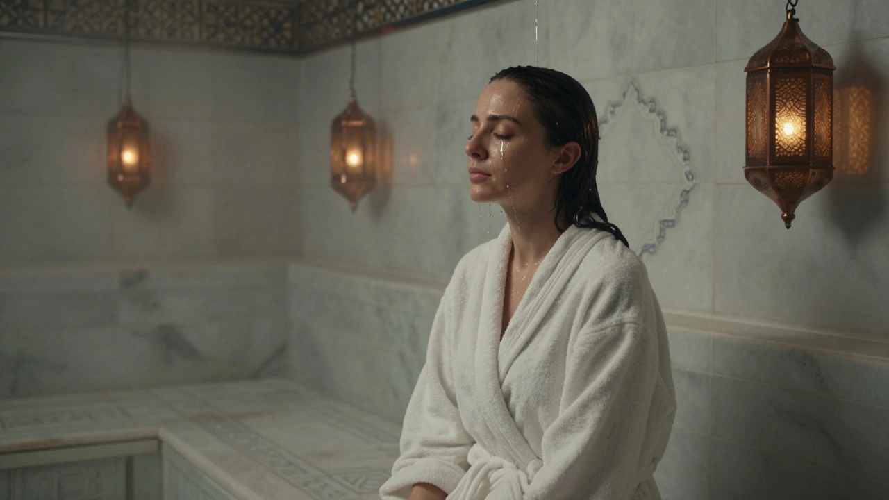 A woman sits alone in a steamy hammam after her massage, wrapped in a robe, tears glistening on her cheek.