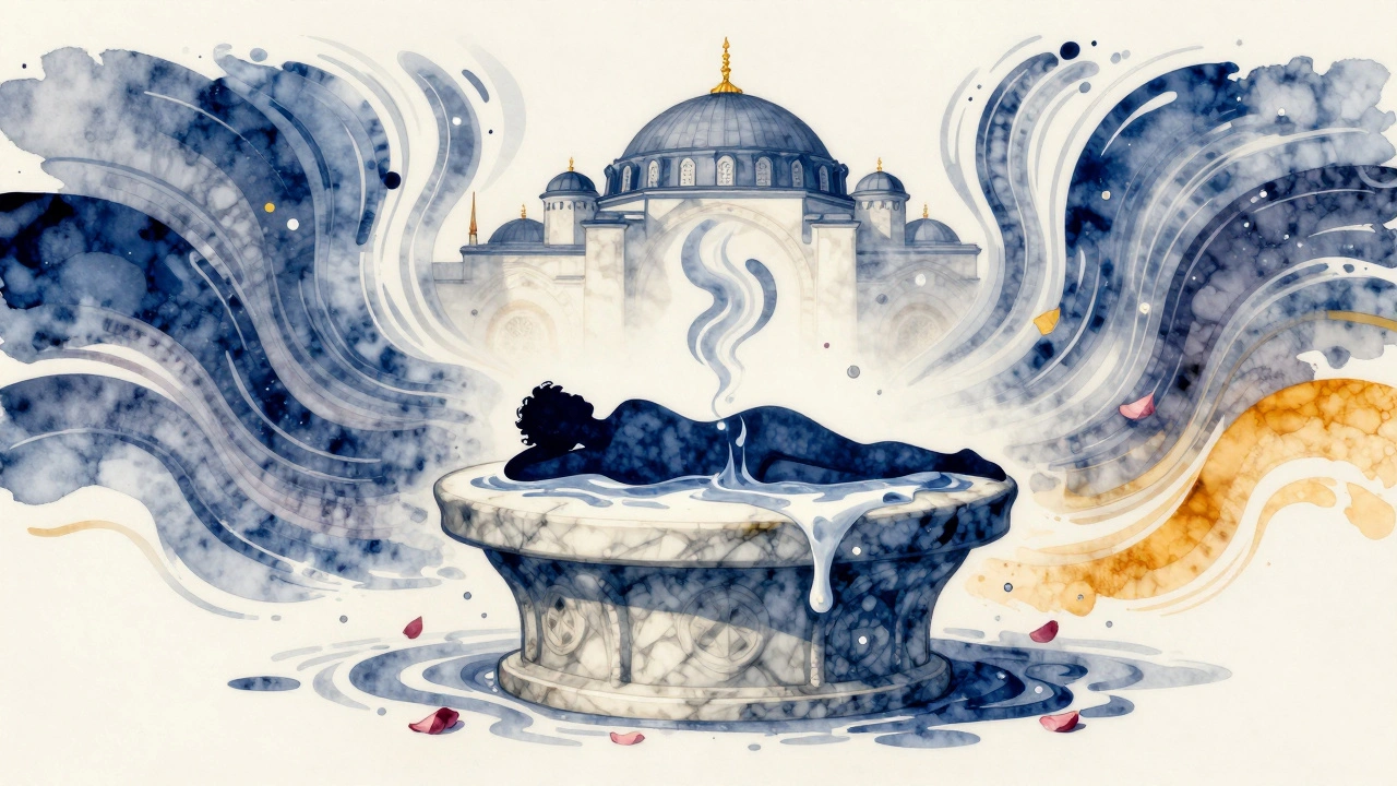 Abstract watercolor depiction of relaxation radiating from a person in a hammam, with steam, oil droplets, and rose petals.