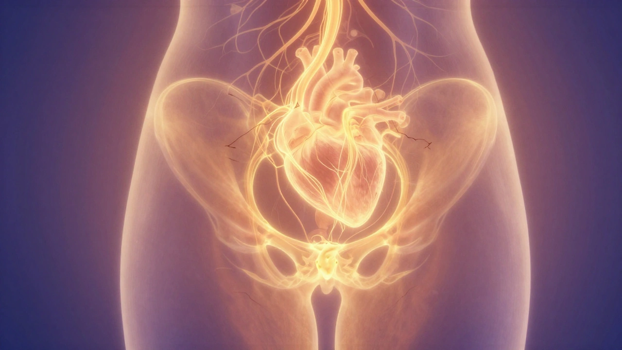 An abstract golden river of light flows through the body, dissolving shadows of tension and restoring calm.