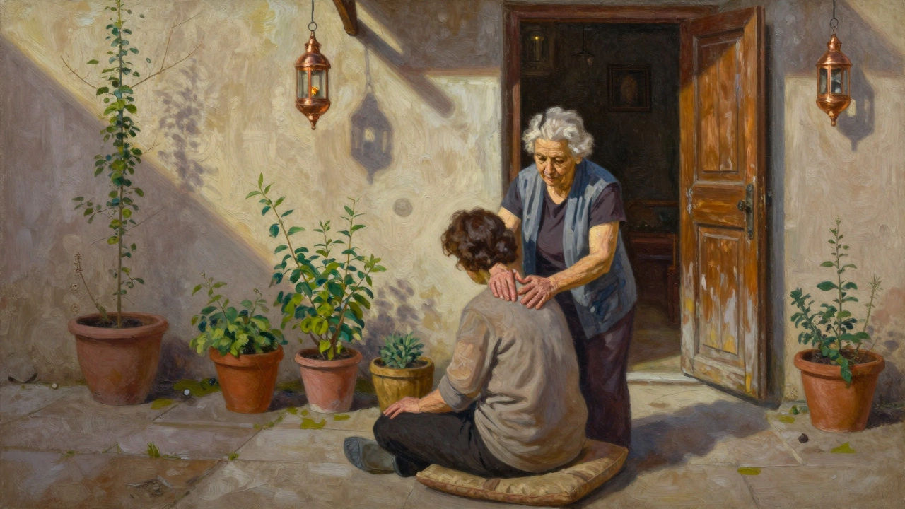 An elderly Turkish therapist gently massaging a client in a quiet courtyard surrounded by herbs and lanterns.