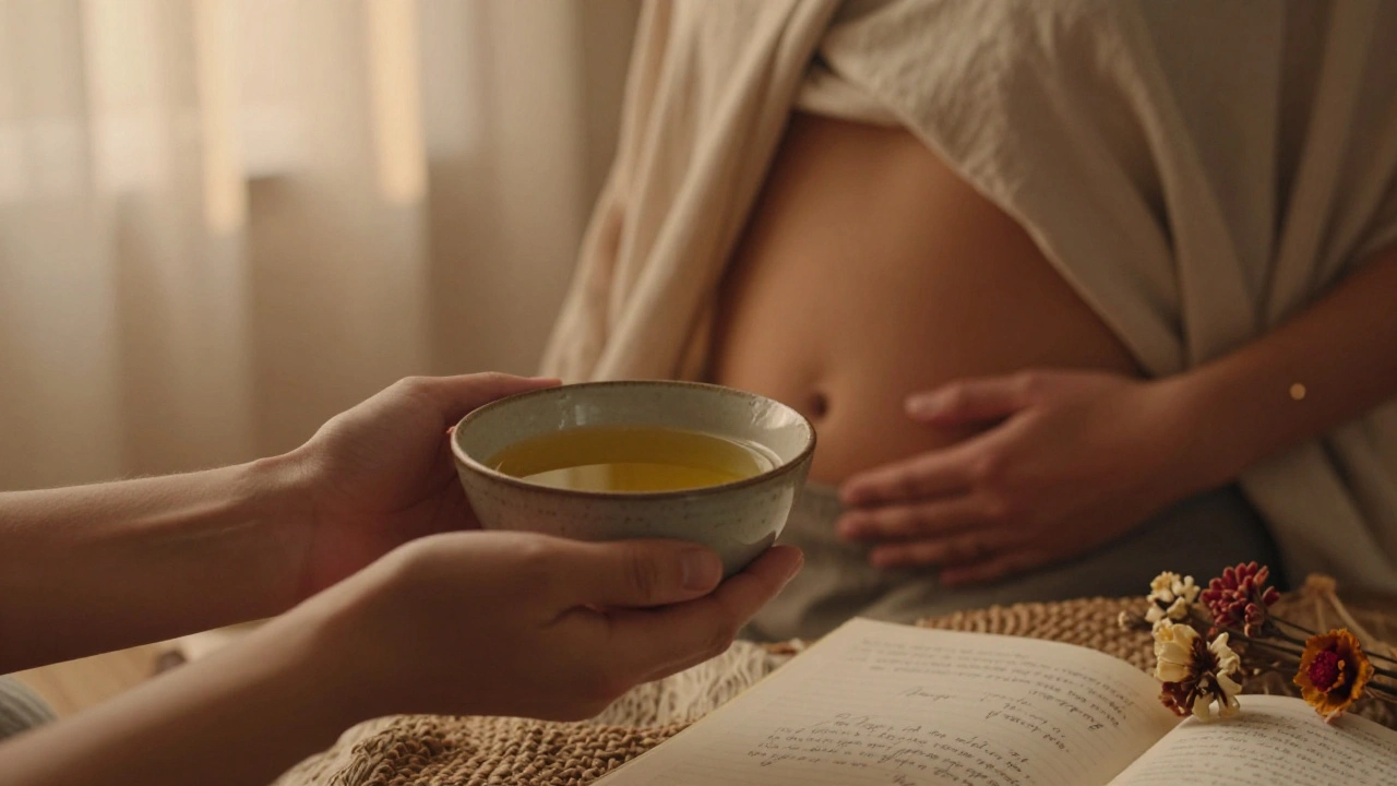 Close-up of hands applying warm oil to a woman's hip during a sacred pelvic healing session, soft natural light.