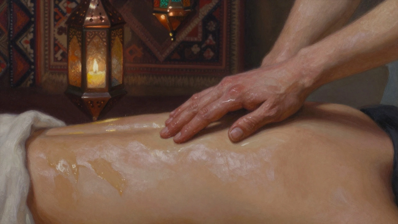Close-up of hands massaging a spine with warm oil, candlelight reflecting on skin, soft background of Turkish lanterns.