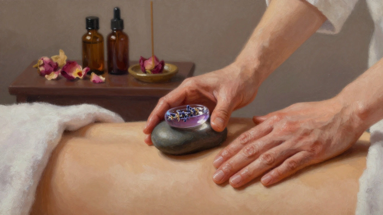 Close-up of hands offering a soothing massage with a heated stone and lavender oil on a shoulder.
