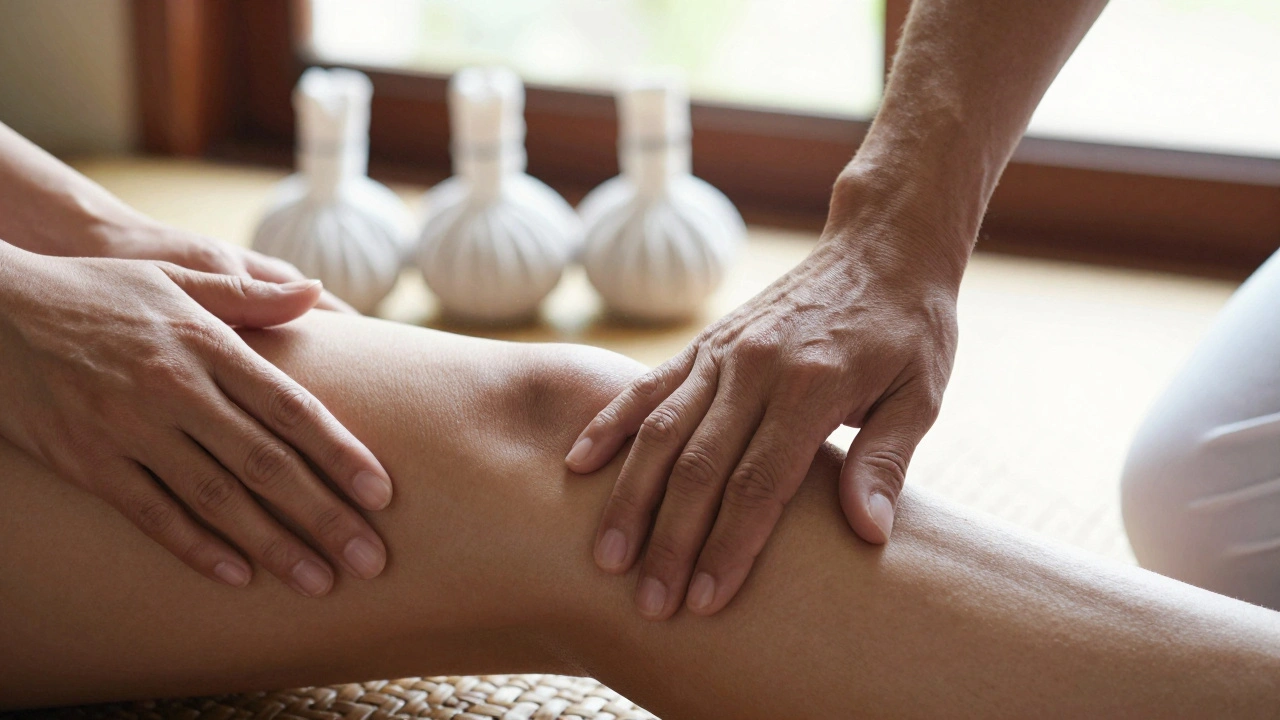 Close-up of therapist's hand applying pressure along a client's leg during Thai massage, hands in quiet connection.