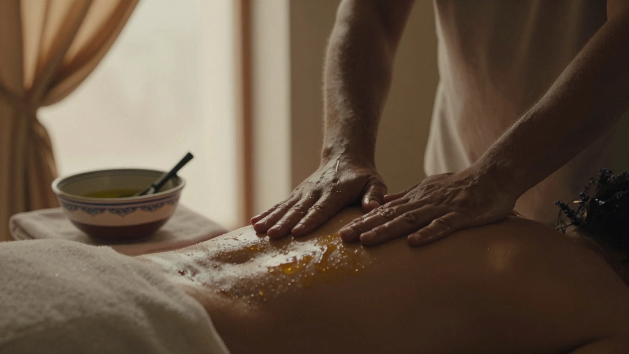 Close-up of warm olive oil and a therapist's forearm moving in slow, rhythmic strokes along a spine during a traditional massage.