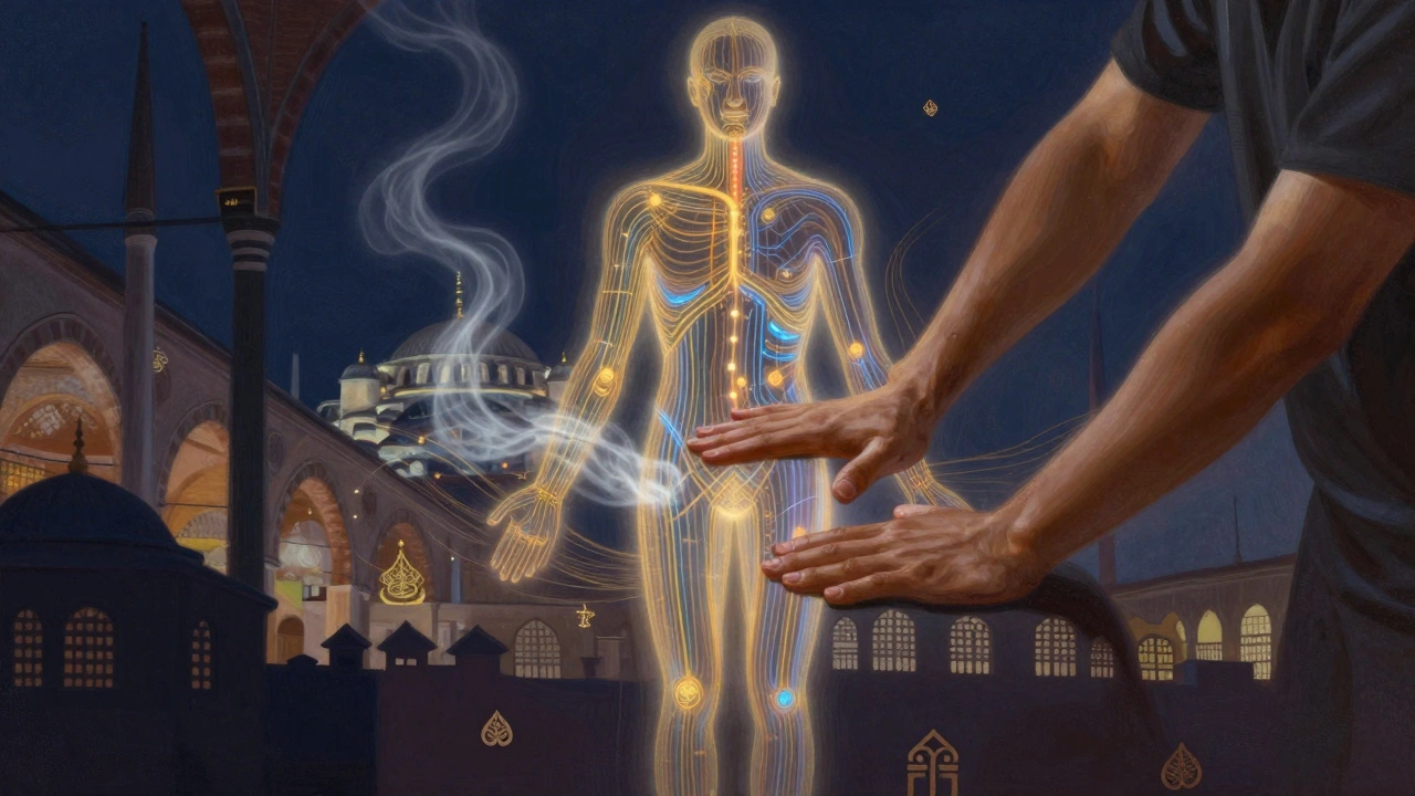 Glowing energy lines on a human body overlaid with Istanbul's skyline, therapist's hands applying pressure along meridians in mystical light.
