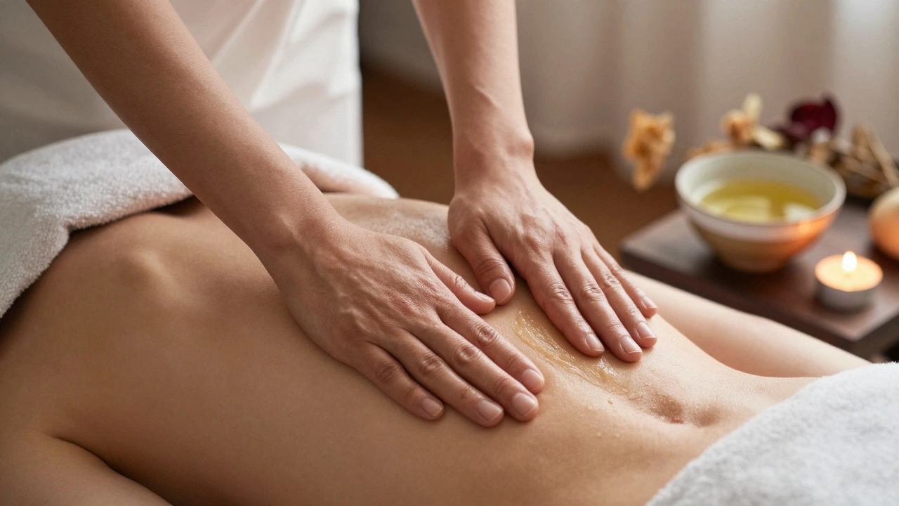 Hands applying warm oil to a bare back with soft candlelight, surrounded by incense and natural textures in a serene setting.