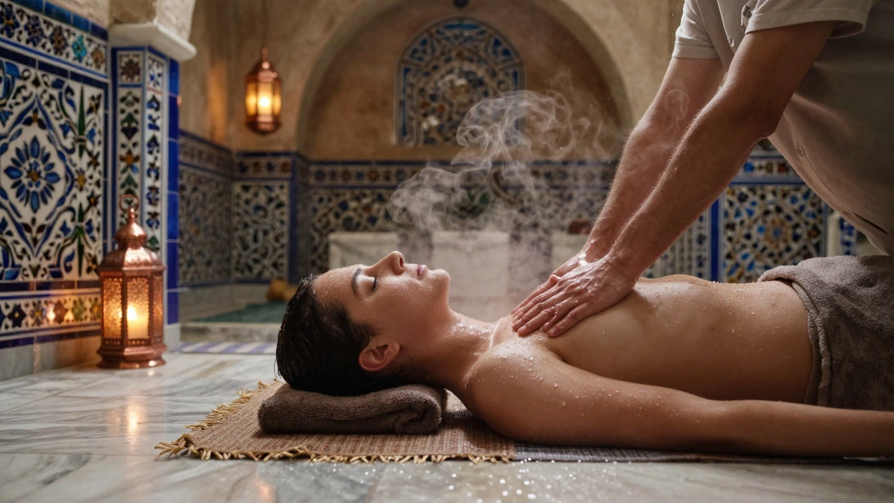 Person being massaged in a traditional Turkish hammam with tiled walls and warm lanterns.
