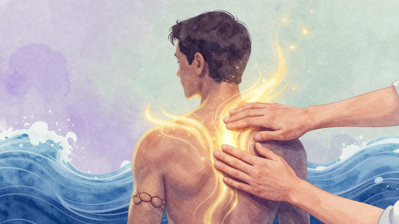 Silhouette of a body releasing tension as golden and blue energy flows from massage hands.