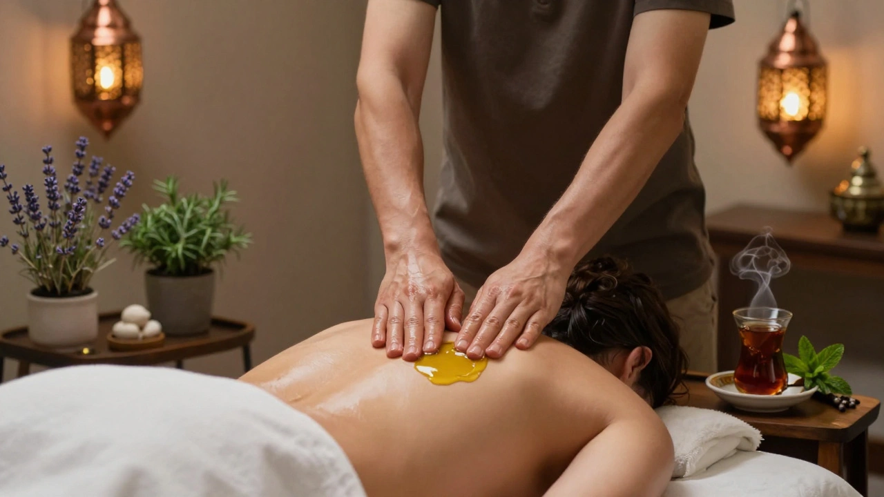 Therapist applying warm oil during a massage in a quiet spa room with lanterns, herbs, and steaming mint tea nearby.