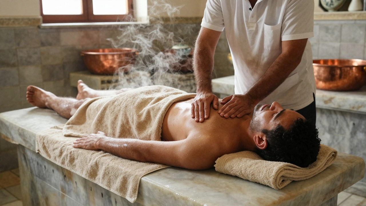 Traveler receiving an oil massage in a traditional Turkish hammam, surrounded by steam and marble tiles.
