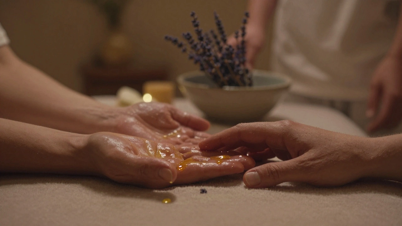 Two hands gently touching on a massage table, oil glistening in soft light.