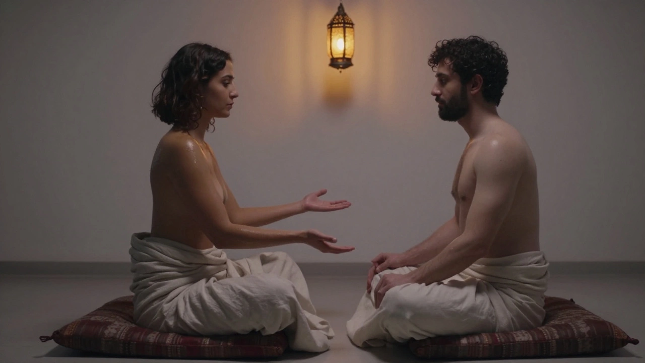 Two people in a calm, minimalist space engaging in a gentle, eye-contact-based yoni massage, draped in fabric, sharing synchronized breath.