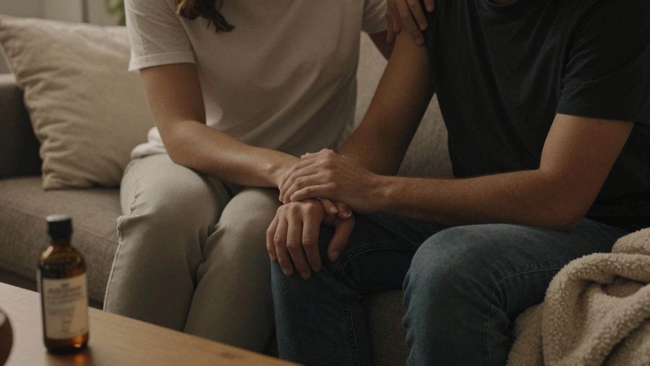 Two people on a couch, one offering a soothing shoulder massage, oil and blanket nearby in a calm home setting.