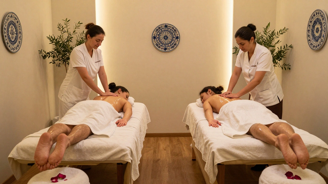 Two people receiving nuru massage side by side in a calm, elegant spa room with rose-scented gel and Turkish decor.