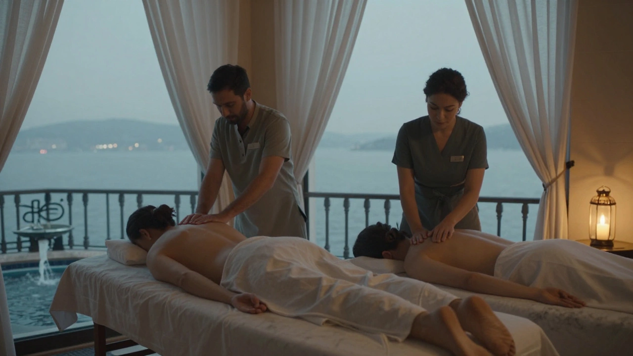 Two people receiving side-by-side body-to-body massages in a serene, candlelit room with a view of the Bosphorus.