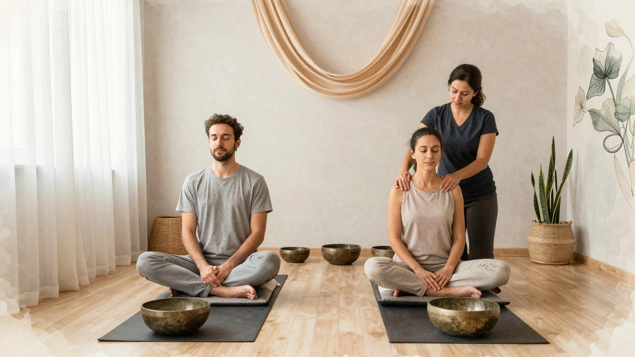 Two people receiving side-by-side tantric massage in a serene Istanbul studio, gently touching hands.