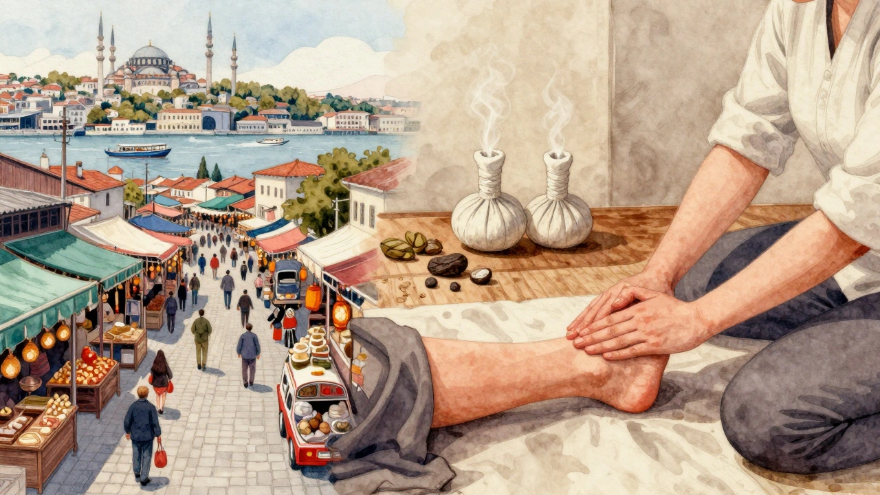 Watercolor contrast of Istanbul's busy streets and a serene Thai massage room with herbal compresses and traditional clothing.