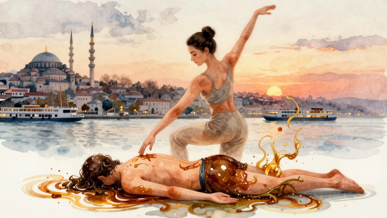Watercolor depiction of therapist and client in fluid motion, blending Ottoman bathhouse traditions with modern body-to-body massage in Istanbul.