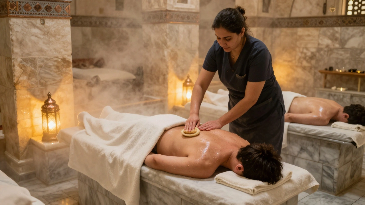 A client is scrubbed in a traditional Turkish hammam, surrounded by steam, marble, and warm lantern light.