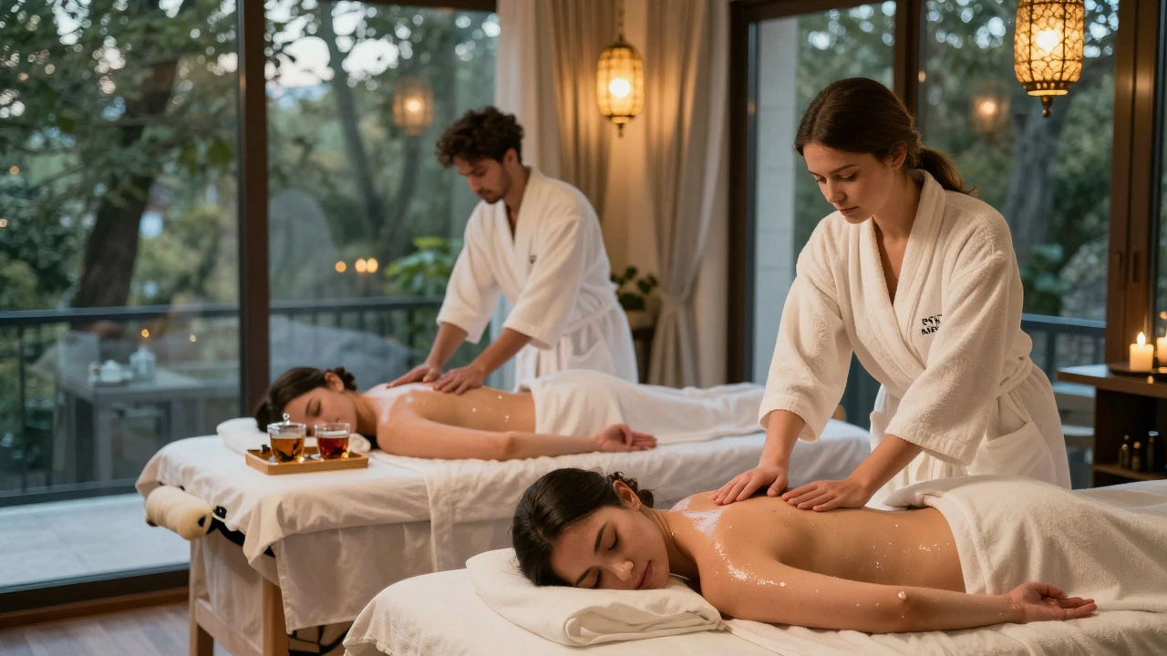 A couple enjoying side-by-side Swedish massages in a luxury Istanbul spa with views of trees and candlelight.
